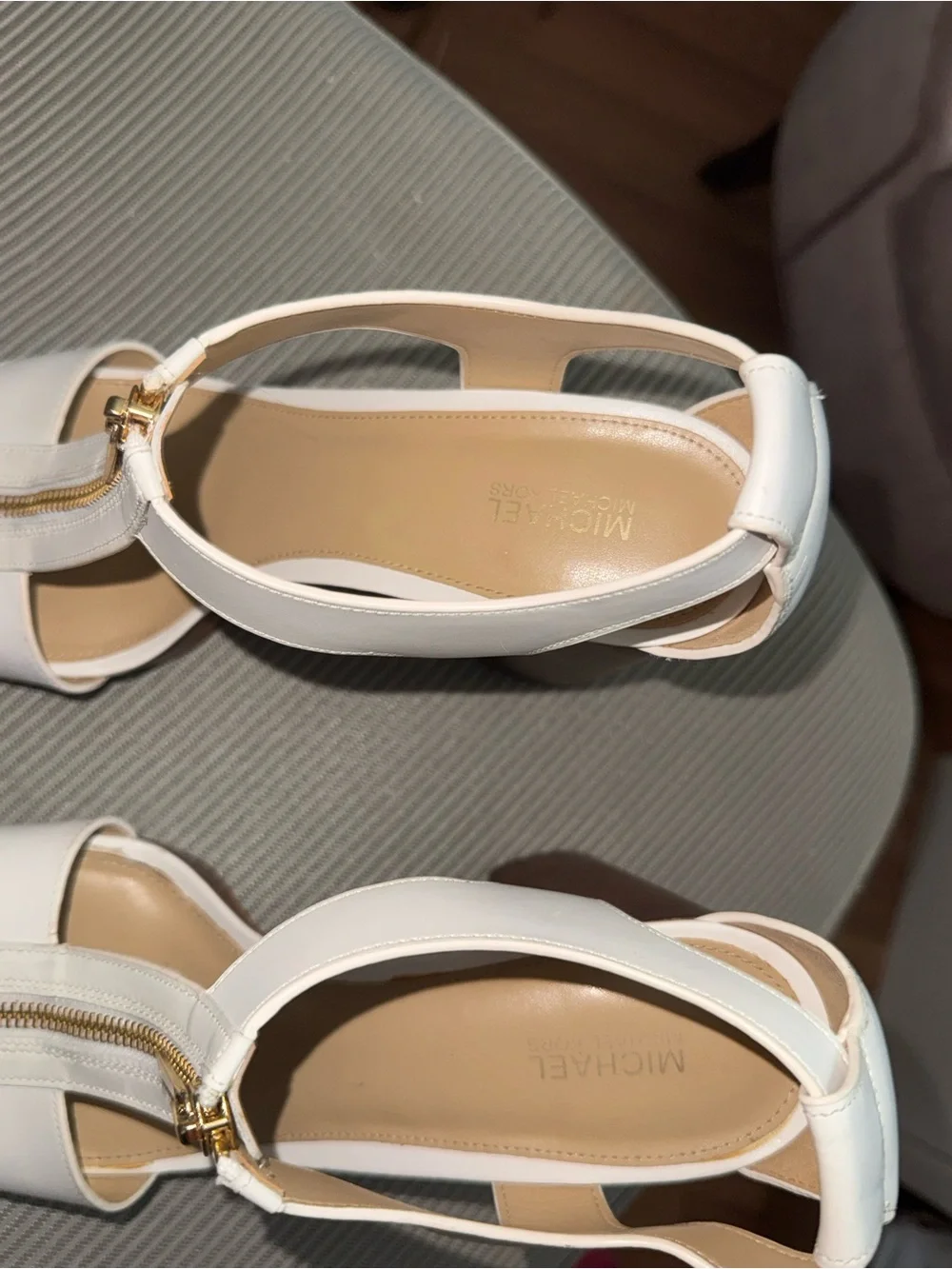 Michael Kors White Leather T‑Strap Platform Block Heels with Gold Zip Pull